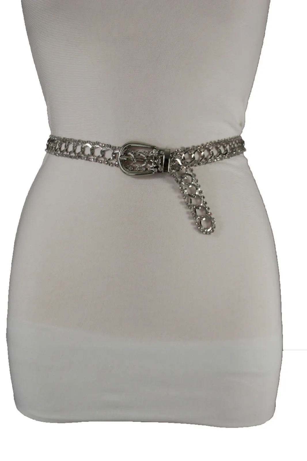 Silver Metal Chain Narrow Hip High Waist Dressy Flirty Belt Women Fahsion S M