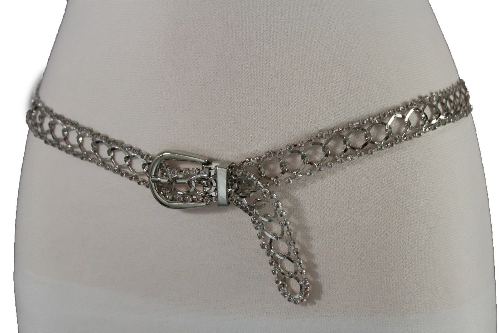 Silver Metal Chain Narrow Hip High Waist Dressy Flirty Belt Women Fahsion S M
