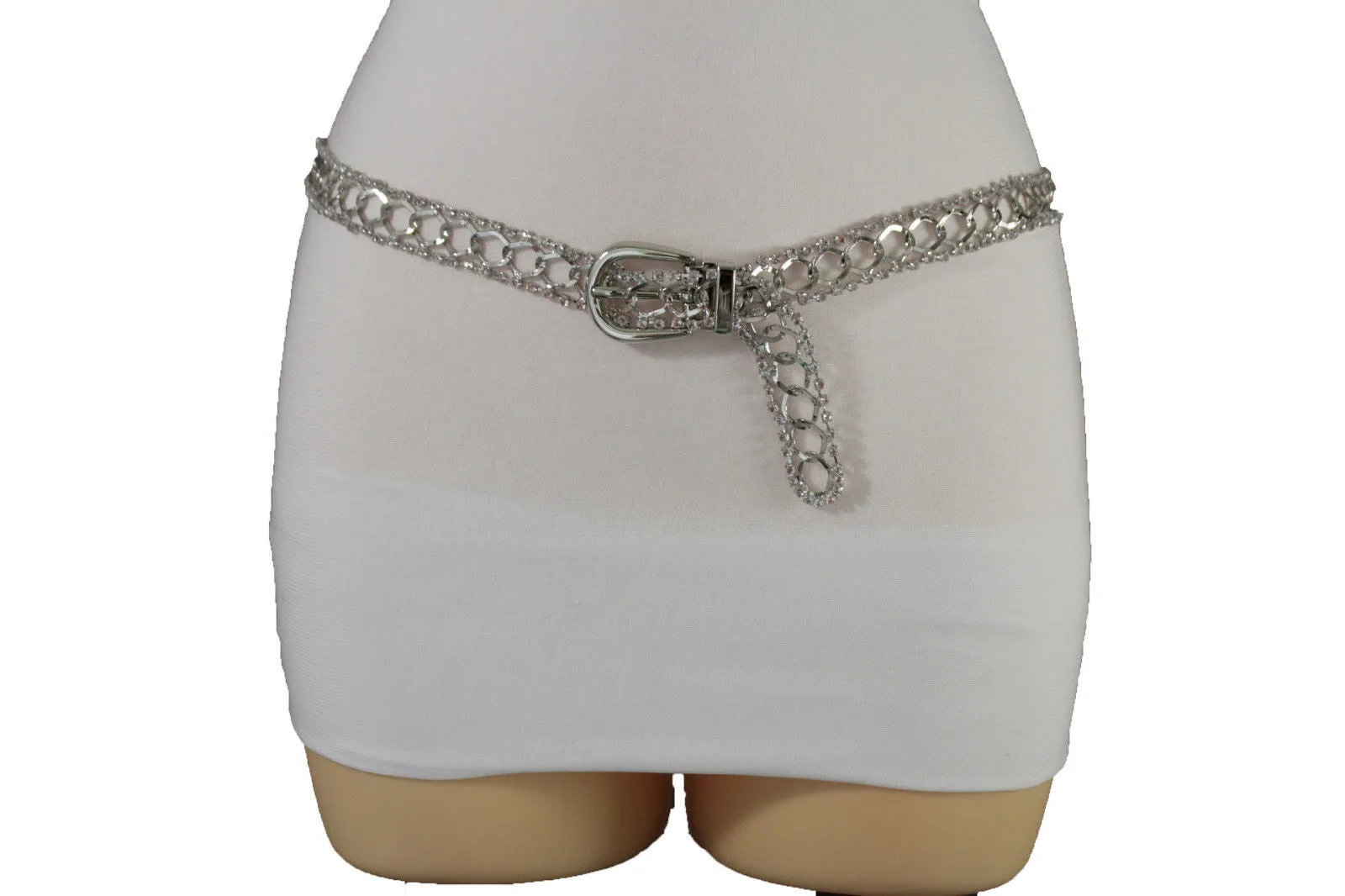 Silver Metal Chain Narrow Hip High Waist Dressy Flirty Belt Women Fahsion S M