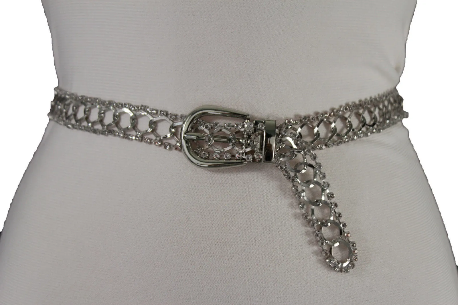 Silver Metal Chain Narrow Hip High Waist Dressy Flirty Belt Women Fahsion S M