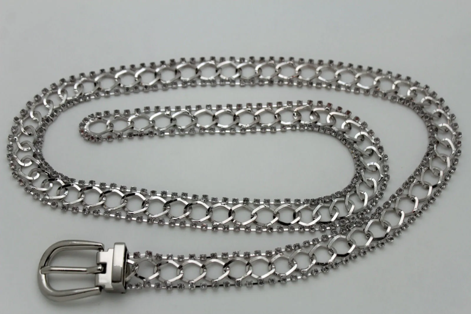 Silver Metal Chain Narrow Hip High Waist Dressy Flirty Belt Women Fahsion S M