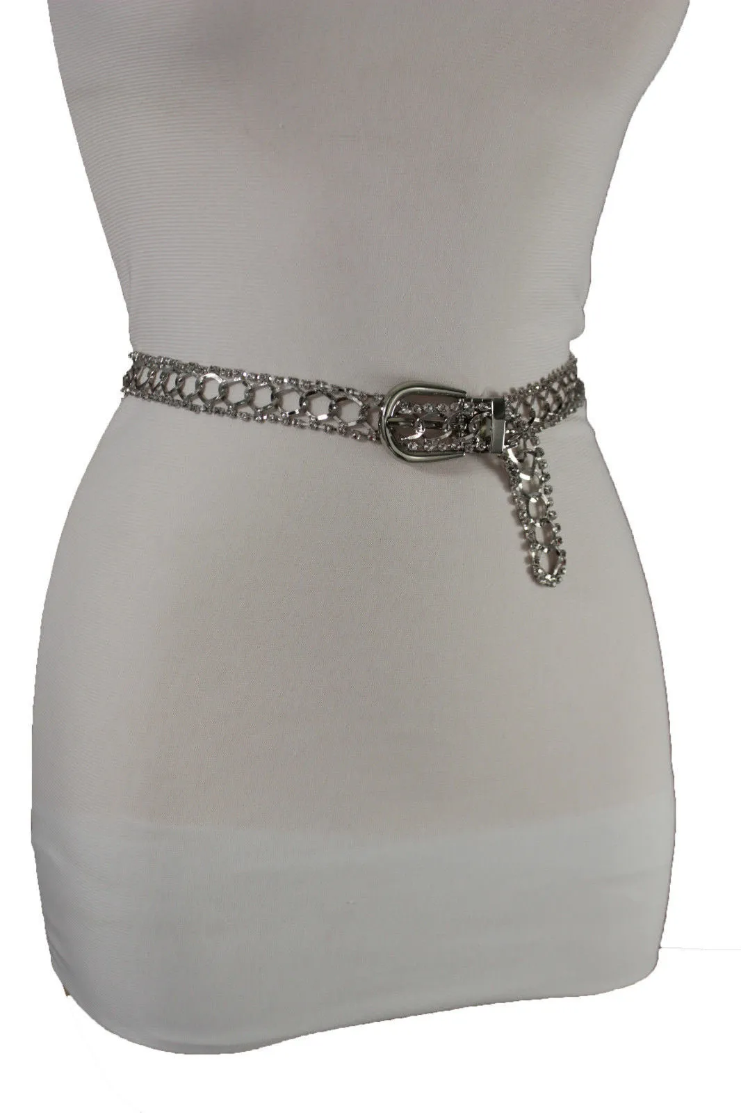 Silver Metal Chain Narrow Hip High Waist Dressy Flirty Belt Women Fahsion S M