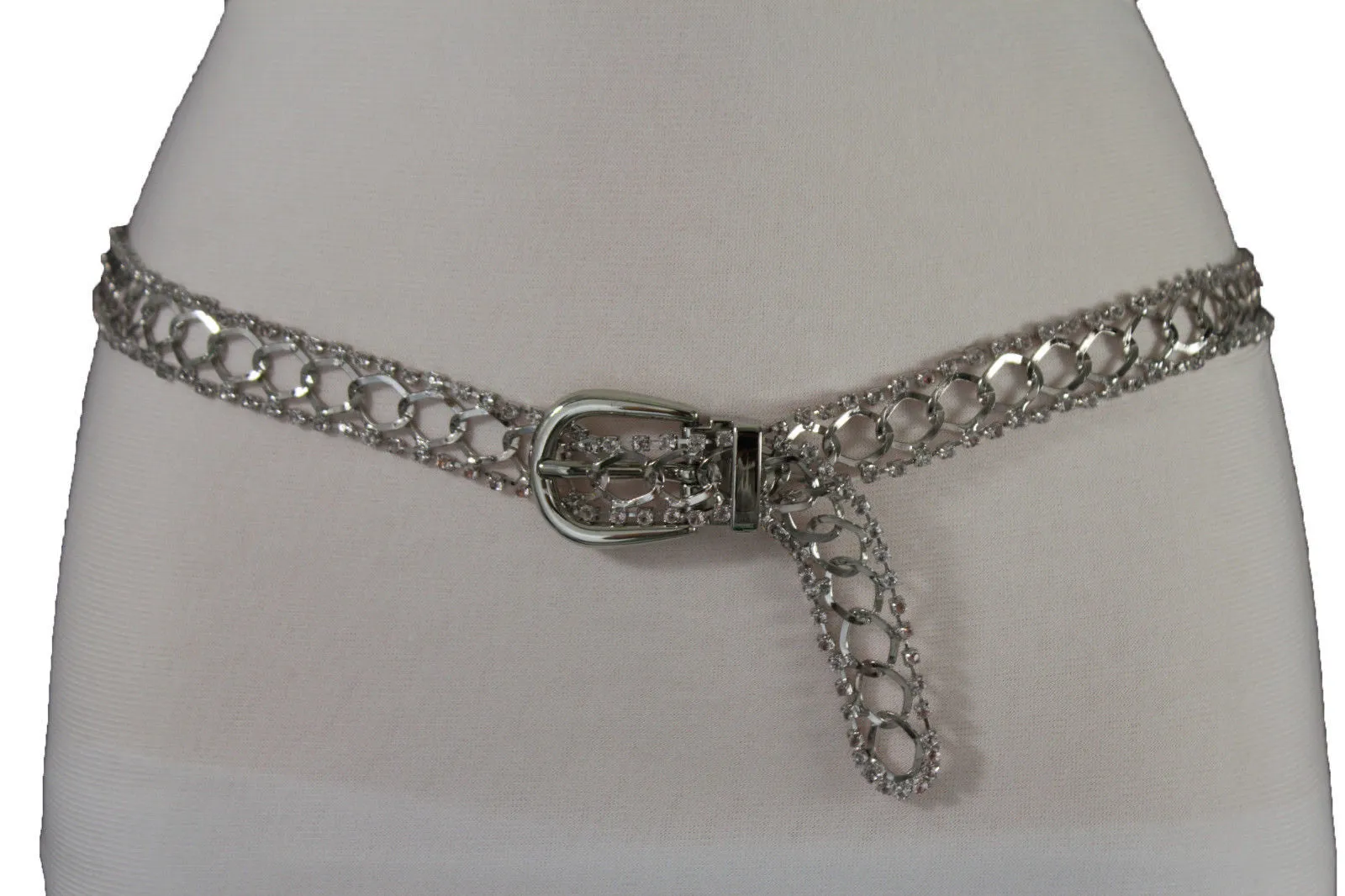 Silver Metal Chain Narrow Hip High Waist Dressy Flirty Belt Women Fahsion S M