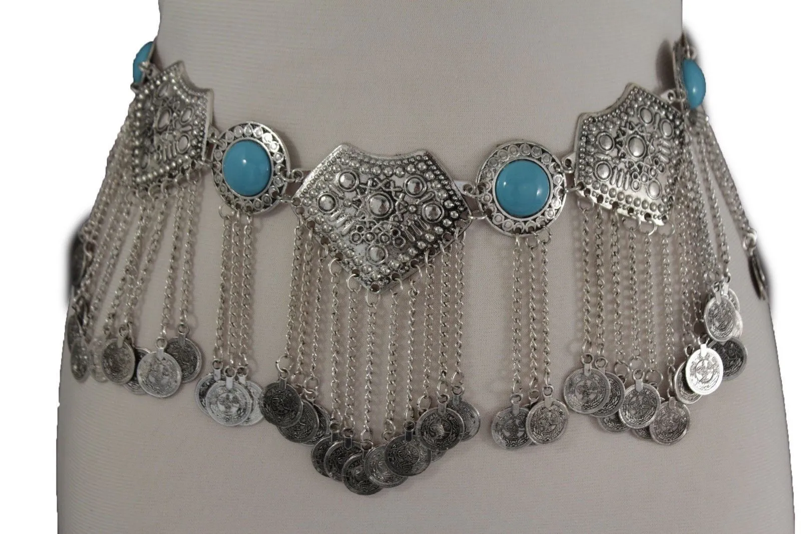 Silver Metal Chains Blue Beads Multi Coins Belt Ethnic Moroccan S M