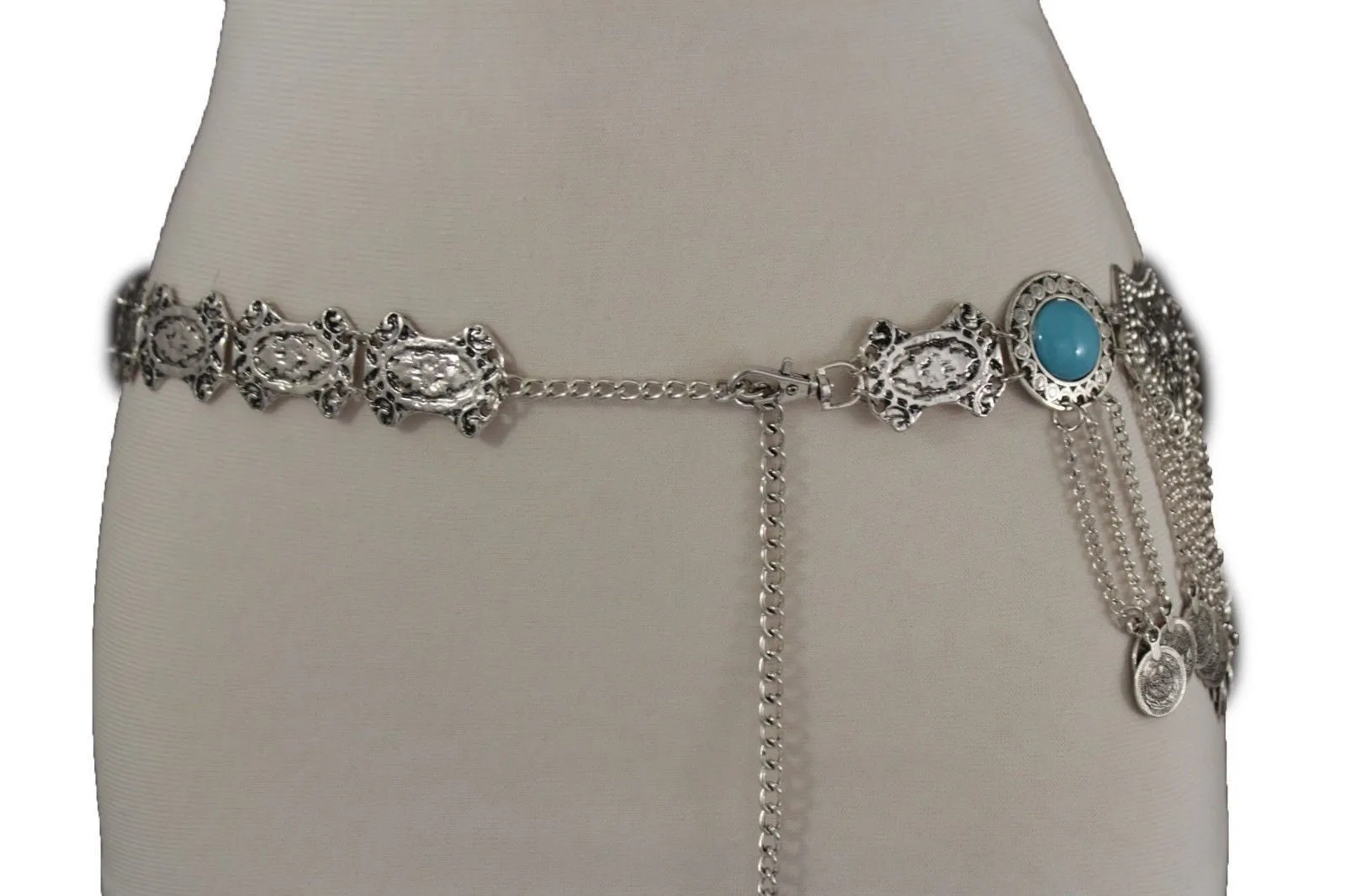 Silver Metal Chains Blue Beads Multi Coins Belt Ethnic Moroccan S M
