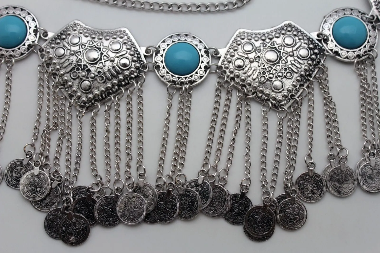 Silver Metal Chains Blue Beads Multi Coins Belt Ethnic Moroccan S M