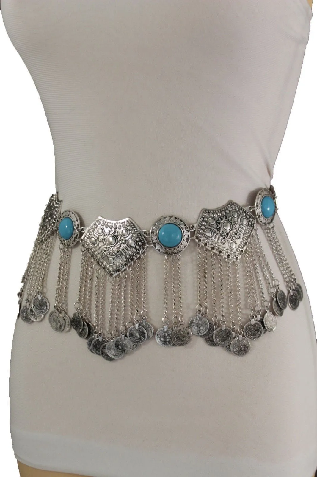 Silver Metal Chains Blue Beads Multi Coins Belt Ethnic Moroccan S M