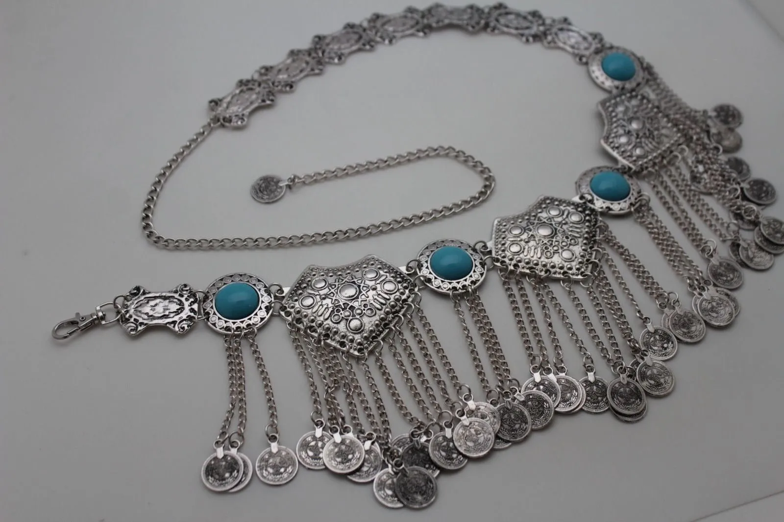 Silver Metal Chains Blue Beads Multi Coins Belt Ethnic Moroccan S M
