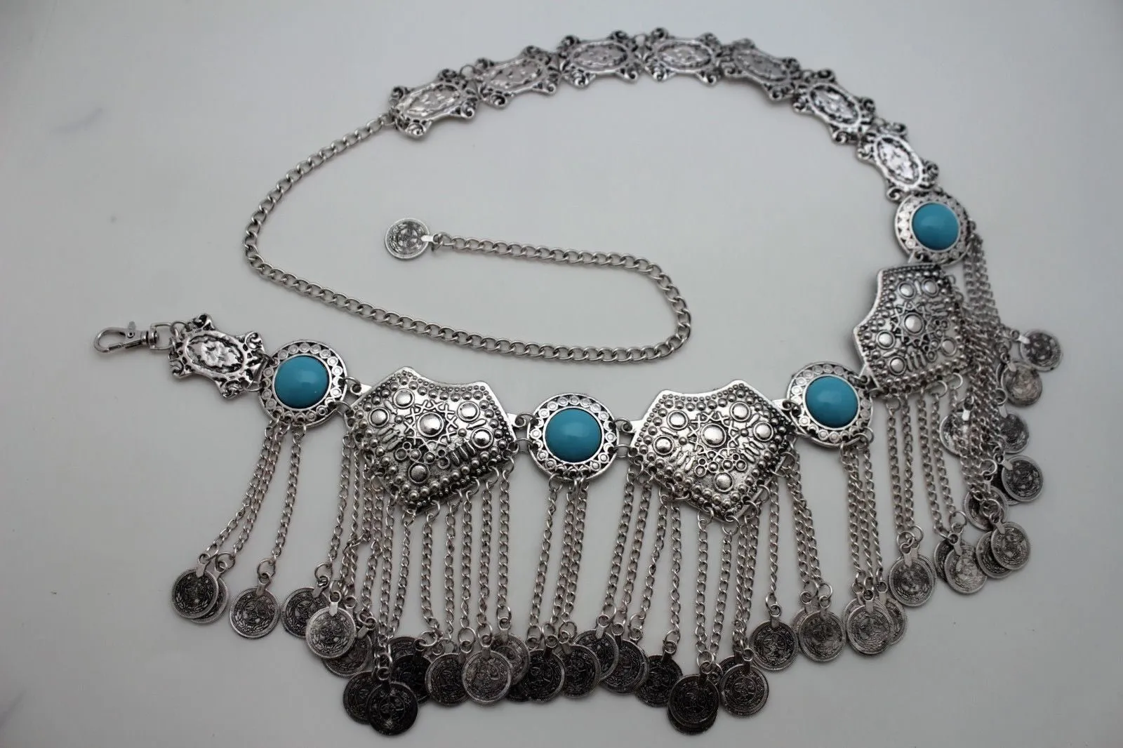 Silver Metal Chains Blue Beads Multi Coins Belt Ethnic Moroccan S M
