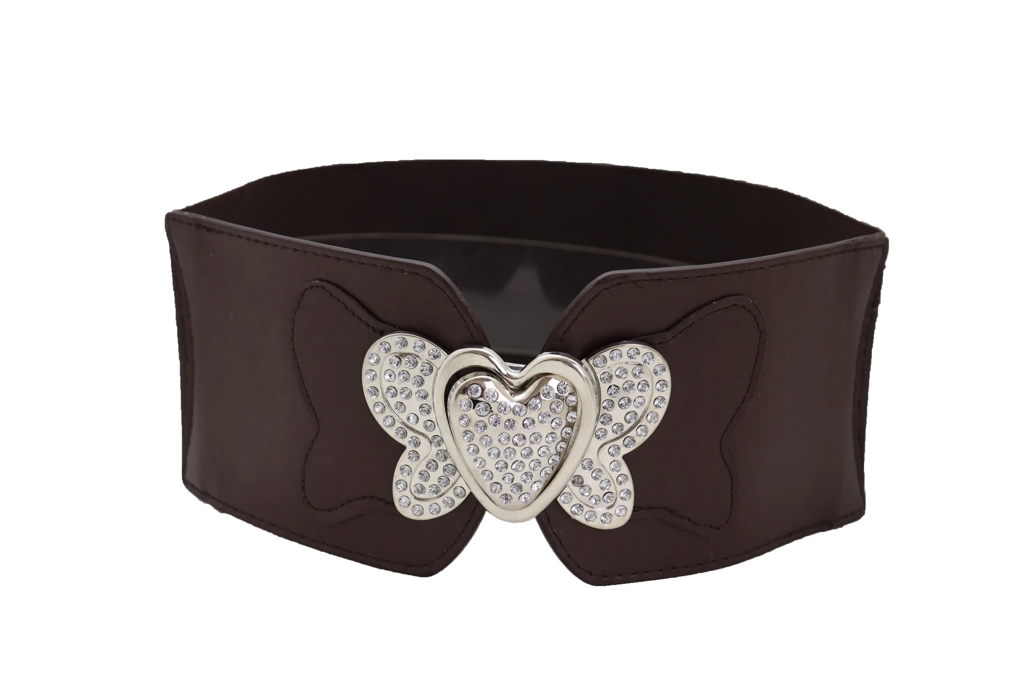 Silver Metal Heart Buckle Hip Waist Fashion Dark Brown Stretch Belt S M