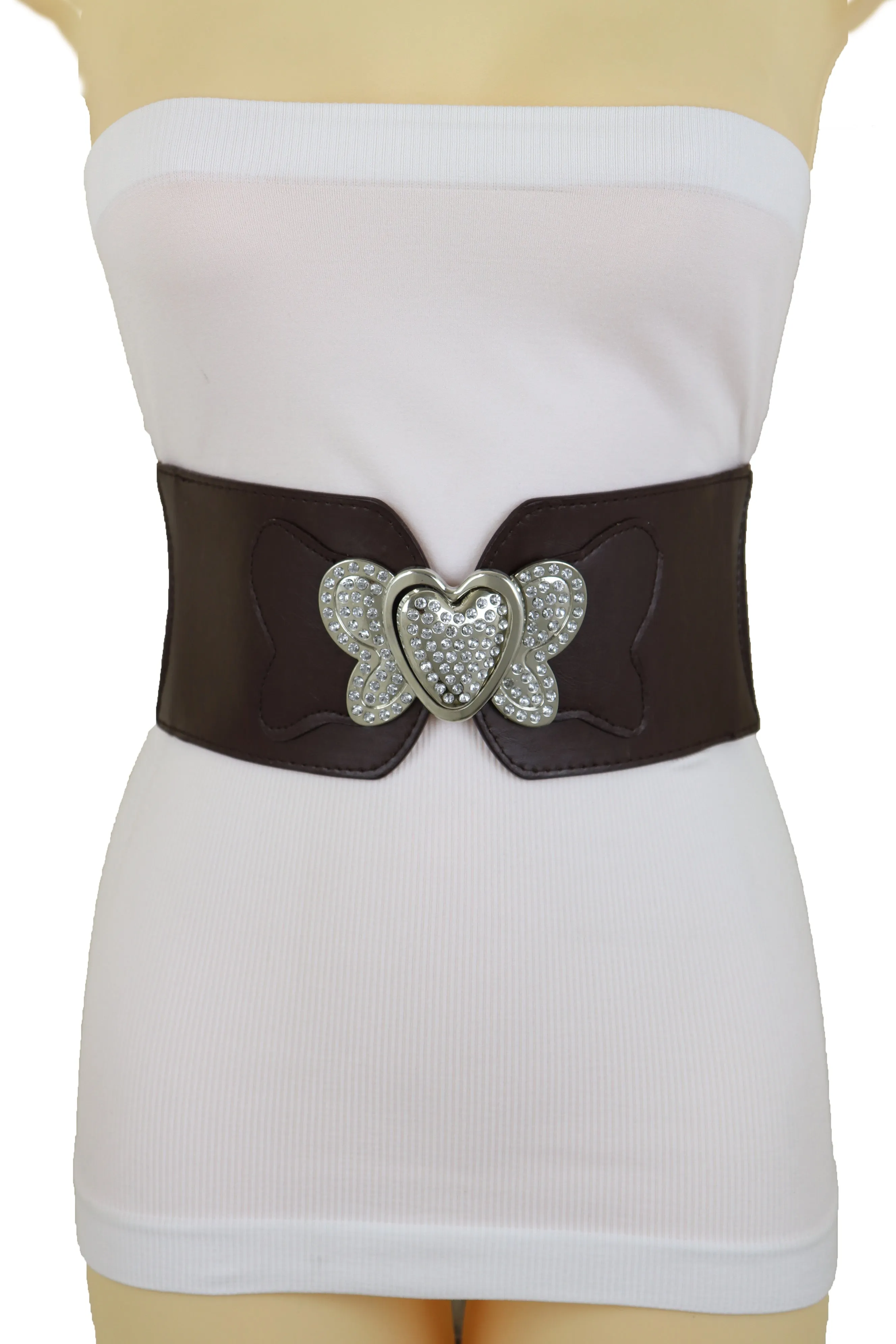 Silver Metal Heart Buckle Hip Waist Fashion Dark Brown Stretch Belt S M