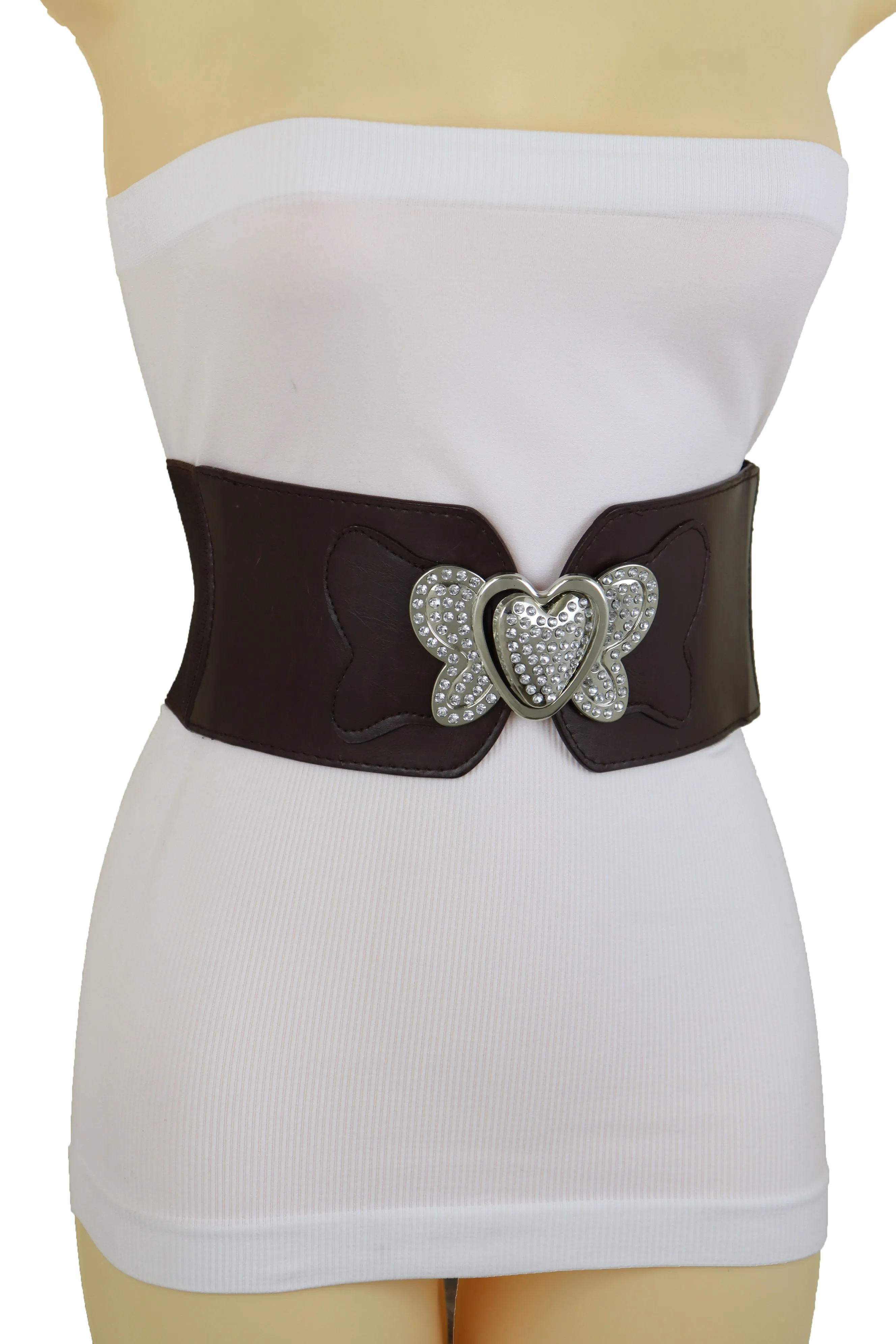 Silver Metal Heart Buckle Hip Waist Fashion Dark Brown Stretch Belt S M