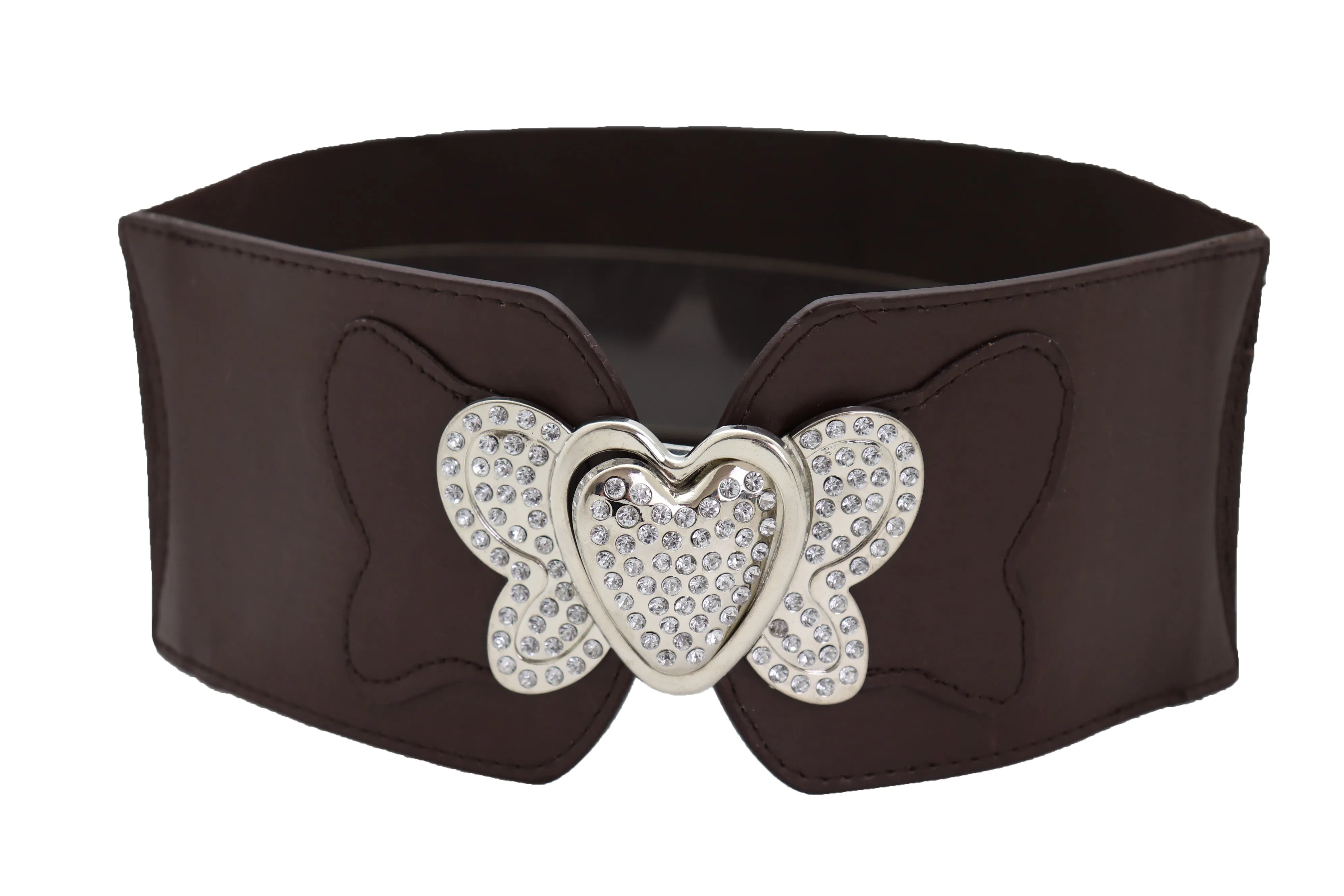 Silver Metal Heart Buckle Hip Waist Fashion Dark Brown Stretch Belt S M