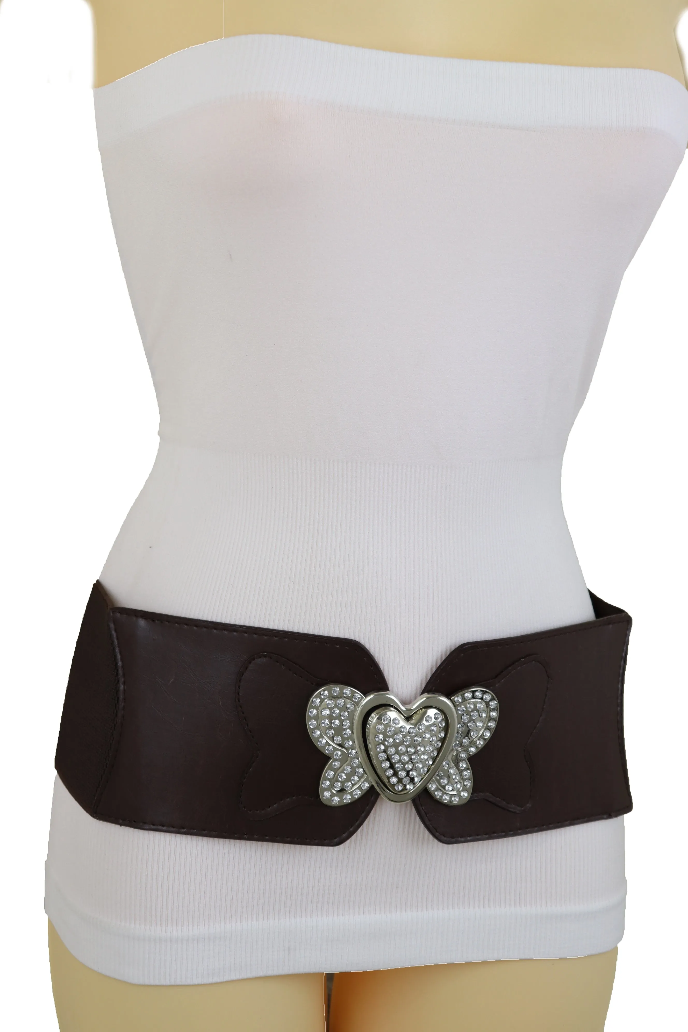 Silver Metal Heart Buckle Hip Waist Fashion Dark Brown Stretch Belt S M