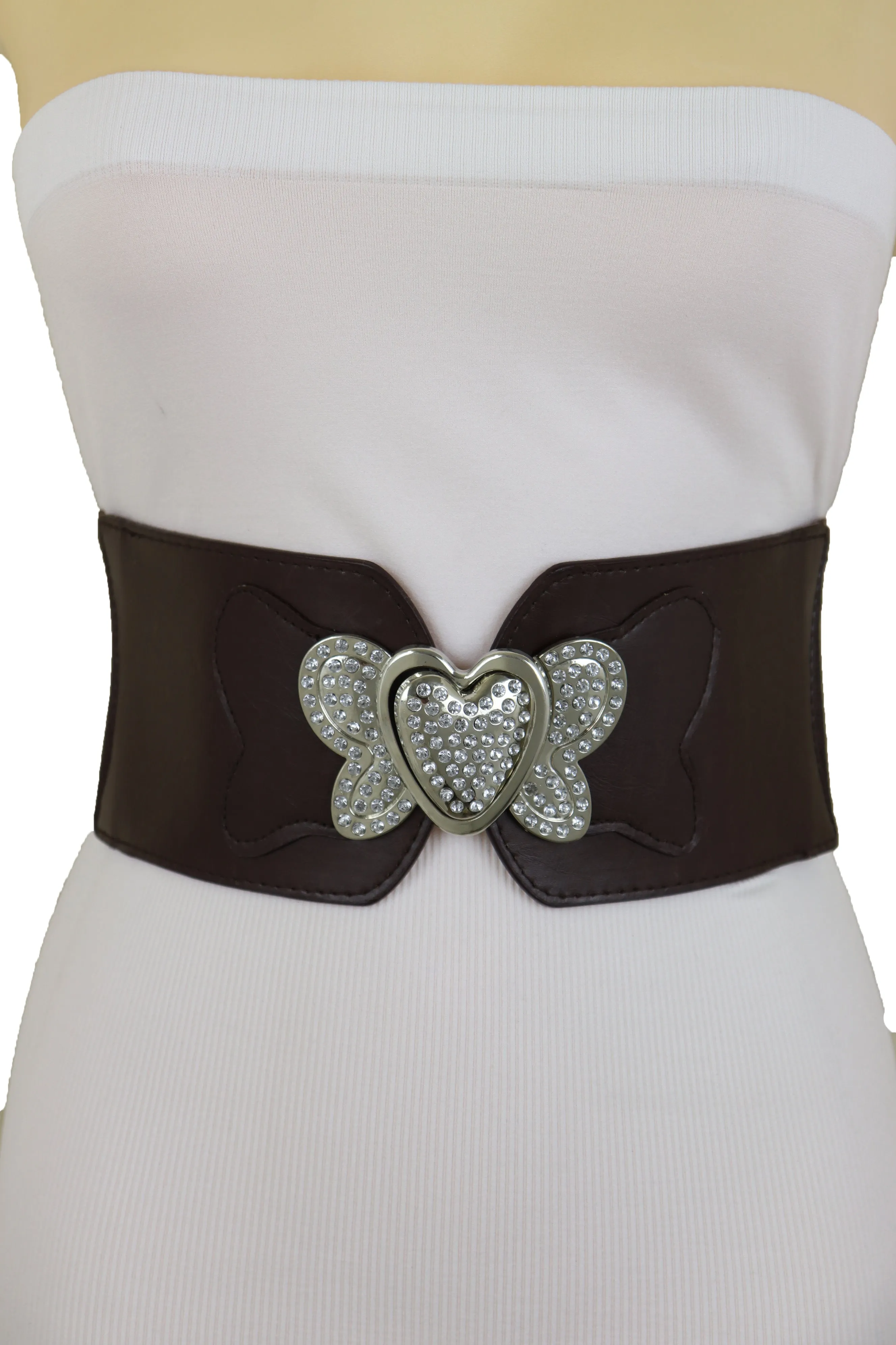 Silver Metal Heart Buckle Hip Waist Fashion Dark Brown Stretch Belt S M
