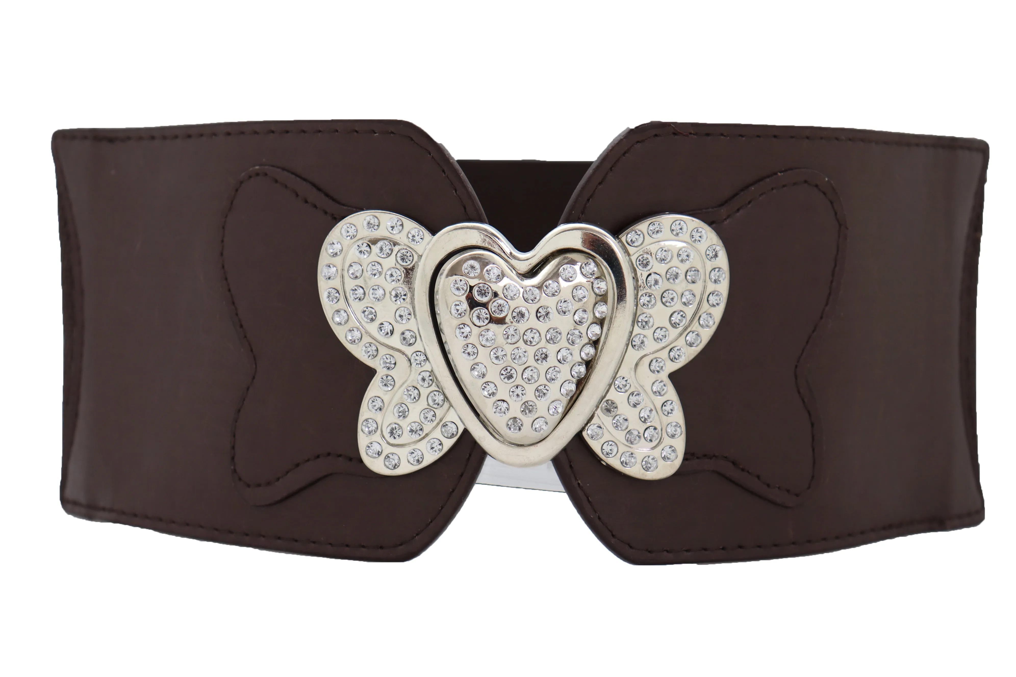 Silver Metal Heart Buckle Hip Waist Fashion Dark Brown Stretch Belt S M
