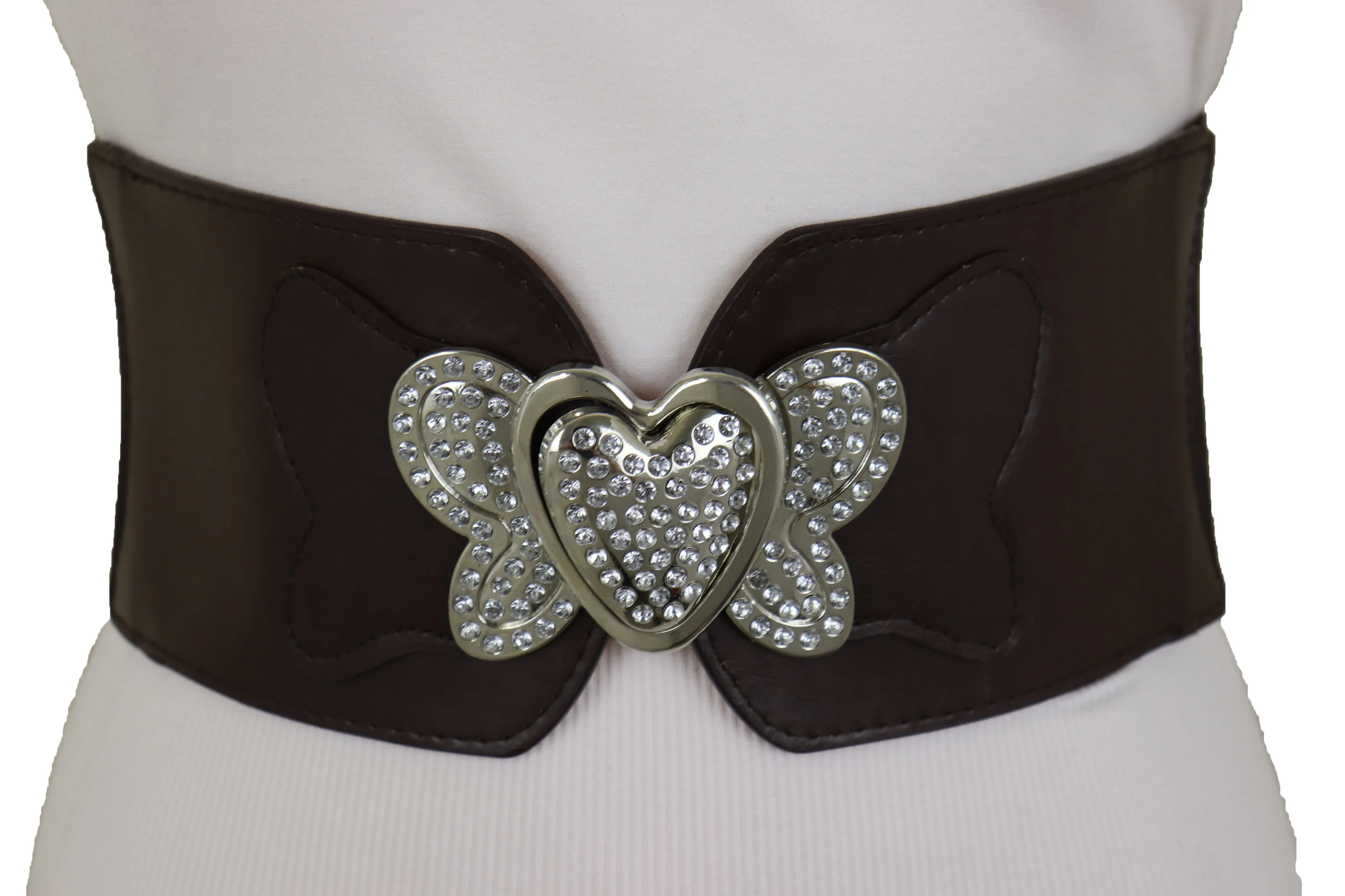 Silver Metal Heart Buckle Hip Waist Fashion Dark Brown Stretch Belt S M
