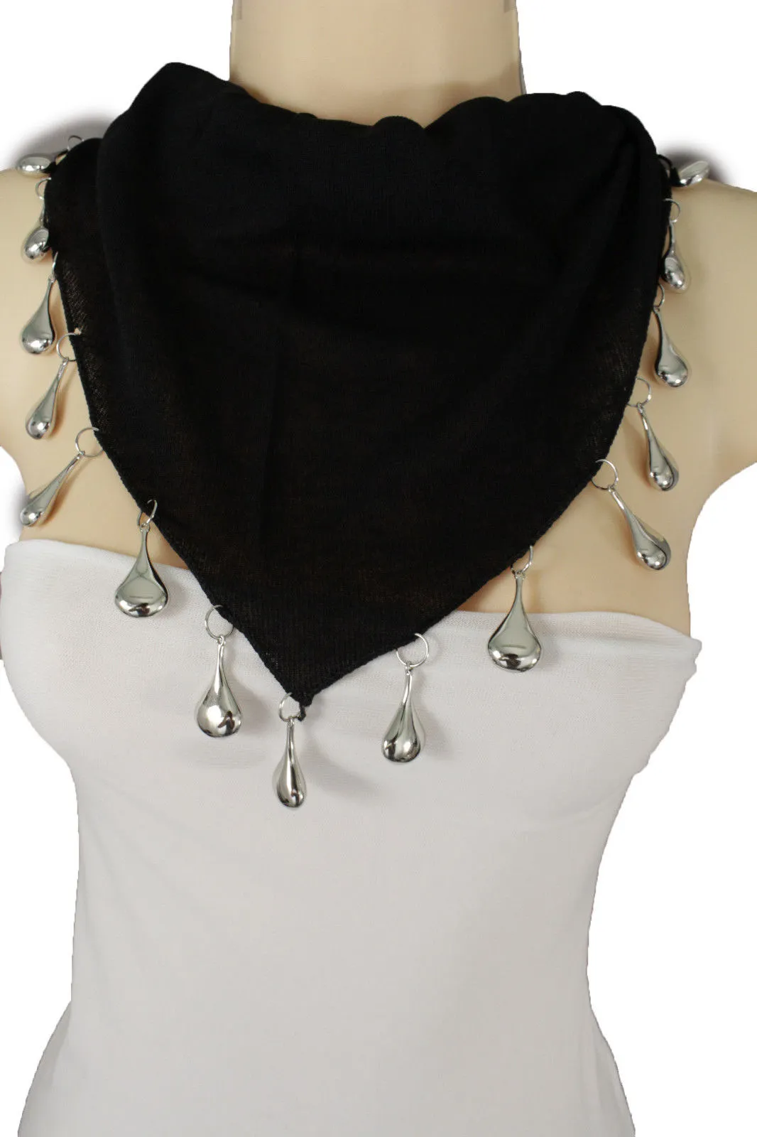 Soft Black Scarf with Silver Drops Beads