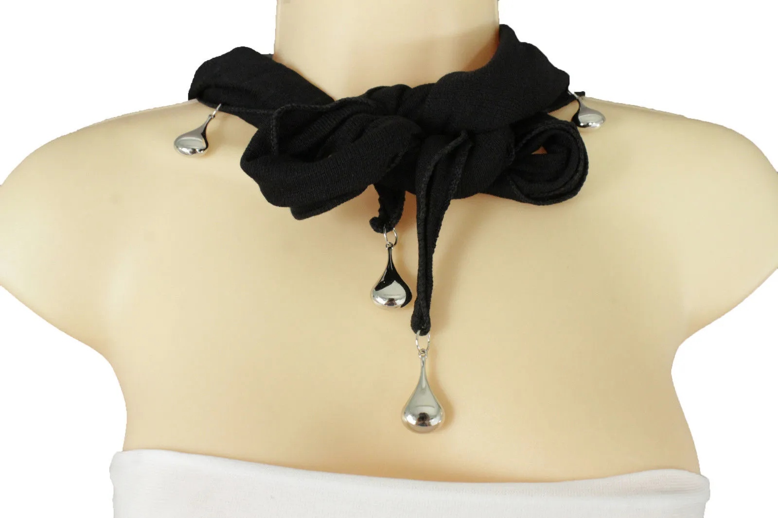 Soft Black Scarf with Silver Drops Beads