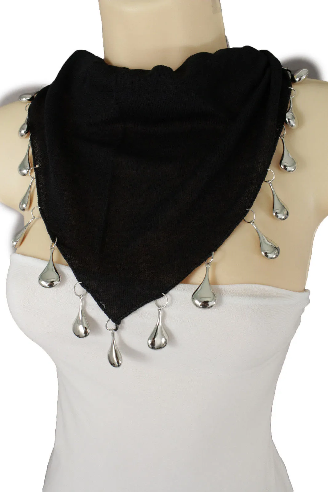 Soft Black Scarf with Silver Drops Beads
