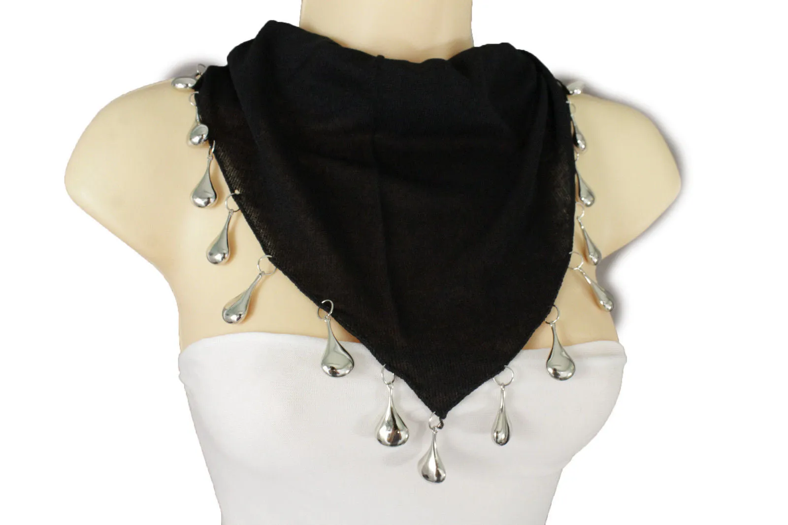 Soft Black Scarf with Silver Drops Beads