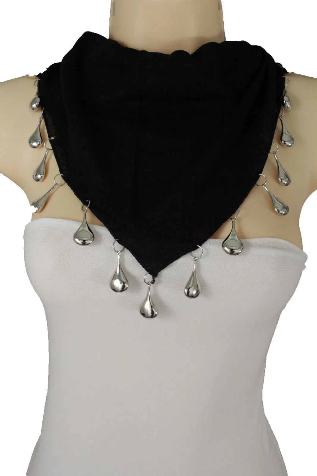 Soft Black Scarf with Silver Drops Beads