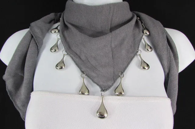 Soft Black Scarf with Silver Drops Beads