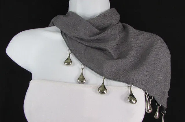 Soft Black Scarf with Silver Drops Beads