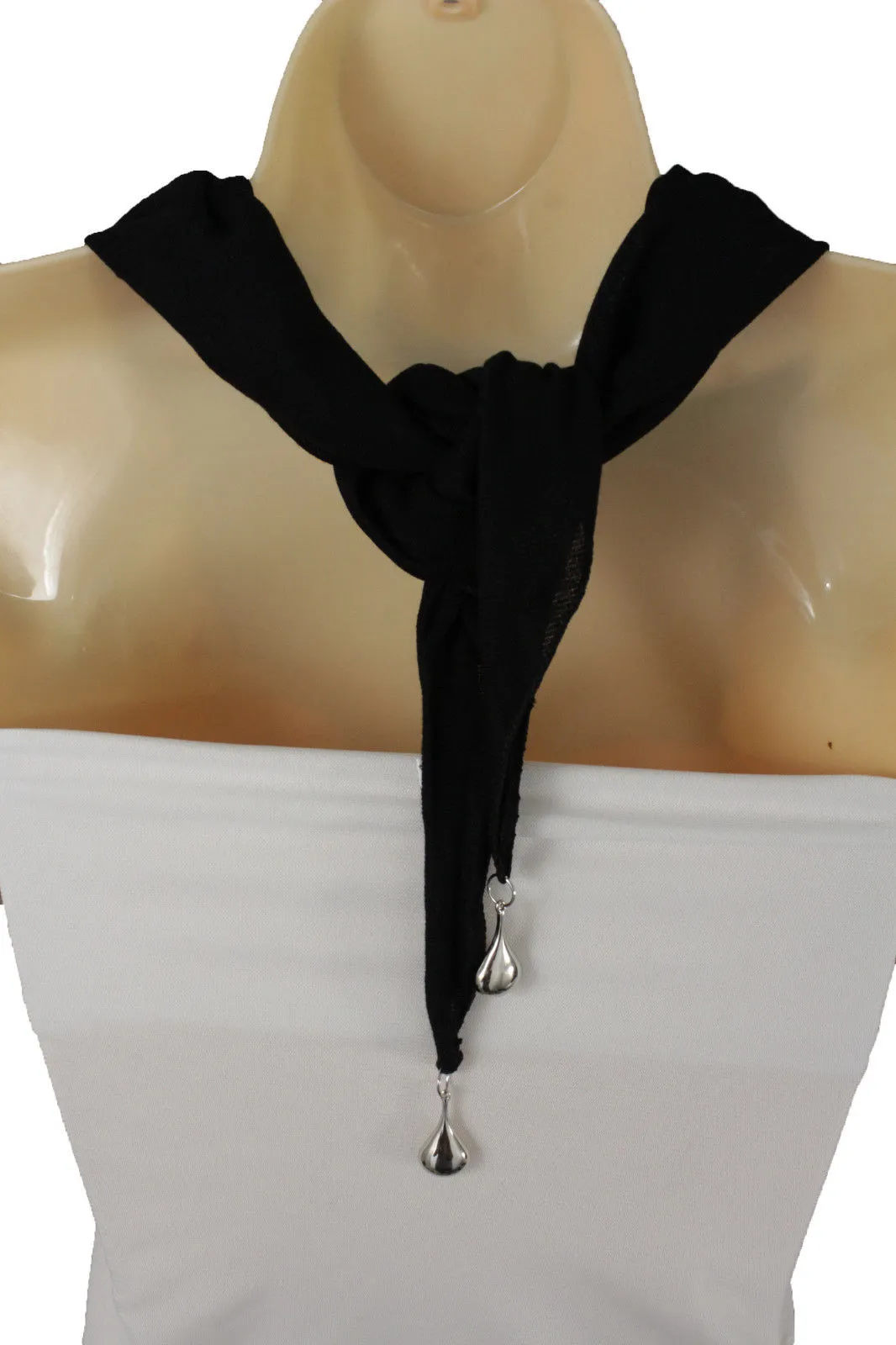 Soft Black Scarf with Silver Drops Beads