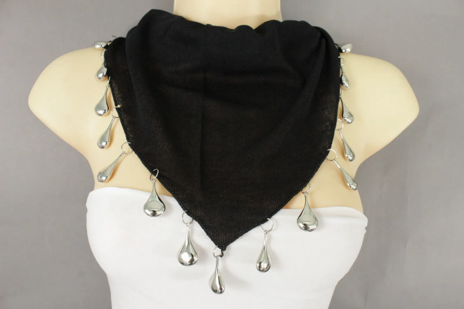 Soft Black Scarf with Silver Drops Beads