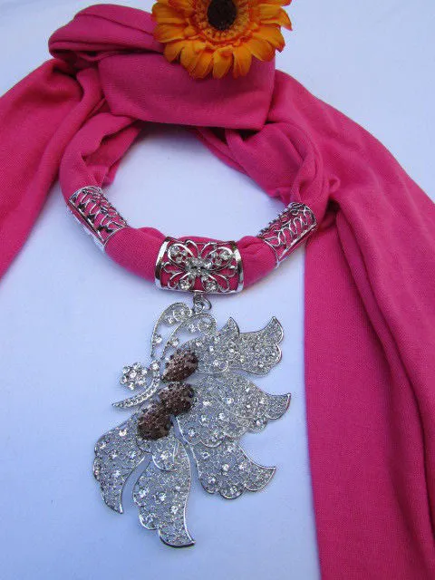 Soft Fabric Long Scarf Big Jeweled Butterfly Pendant