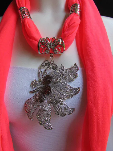 Soft Fabric Long Scarf Big Jeweled Butterfly Pendant