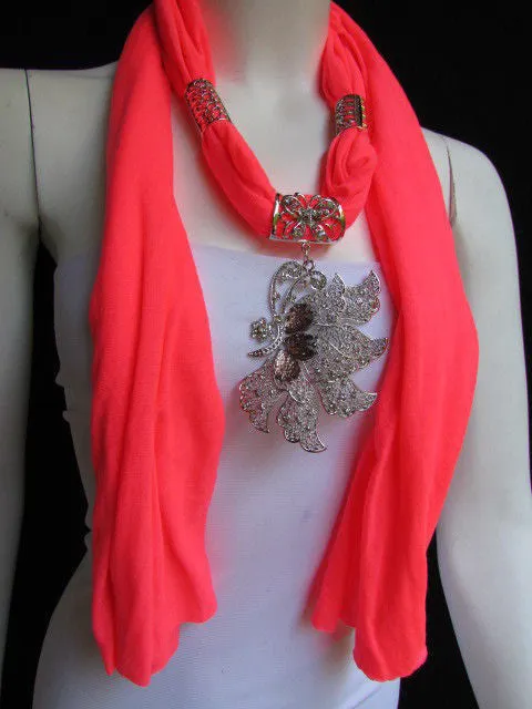 Soft Fabric Long Scarf Big Jeweled Butterfly Pendant