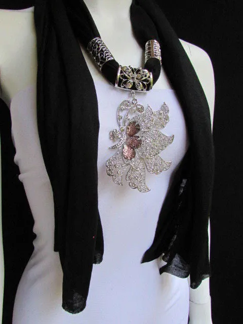 Soft Fabric Long Scarf Big Jeweled Butterfly Pendant
