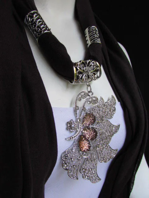 Soft Fabric Long Scarf Big Jeweled Butterfly Pendant
