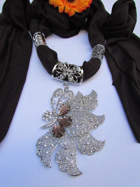 Soft Fabric Long Scarf Big Jeweled Butterfly Pendant