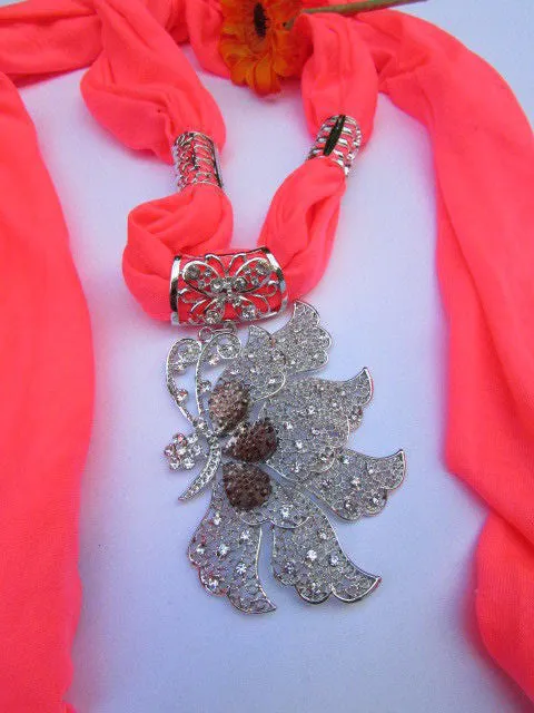 Soft Fabric Long Scarf Big Jeweled Butterfly Pendant