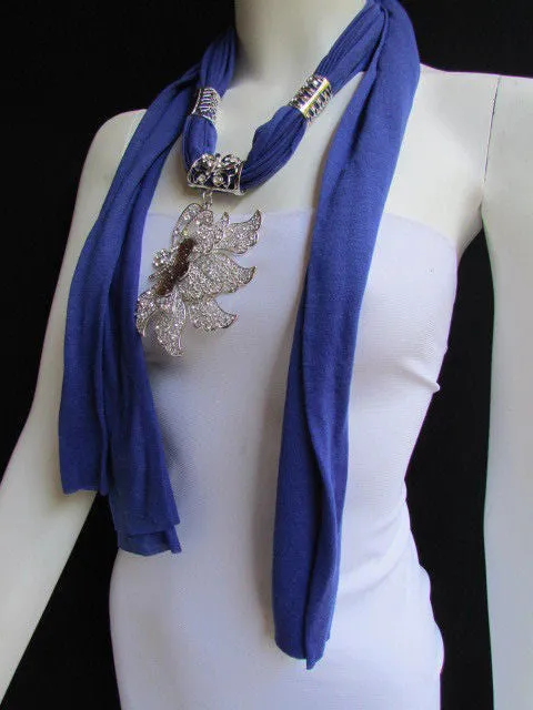 Soft Fabric Long Scarf Big Jeweled Butterfly Pendant