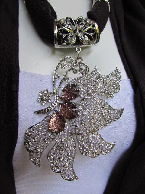 Soft Fabric Long Scarf Big Jeweled Butterfly Pendant