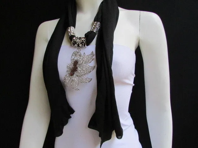 Soft Fabric Long Scarf Big Jeweled Butterfly Pendant