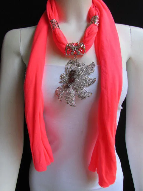 Soft Fabric Long Scarf Big Jeweled Butterfly Pendant