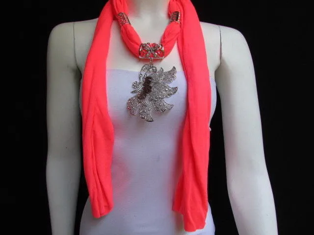 Soft Fabric Long Scarf Big Jeweled Butterfly Pendant