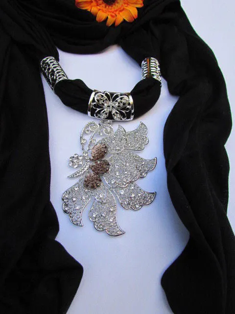 Soft Fabric Long Scarf Big Jeweled Butterfly Pendant