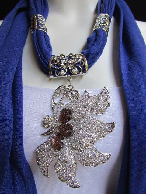 Soft Fabric Long Scarf Big Jeweled Butterfly Pendant