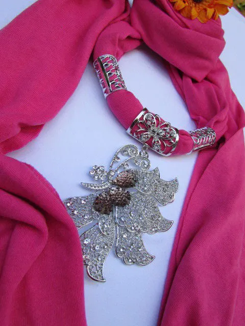 Soft Fabric Long Scarf Big Jeweled Butterfly Pendant