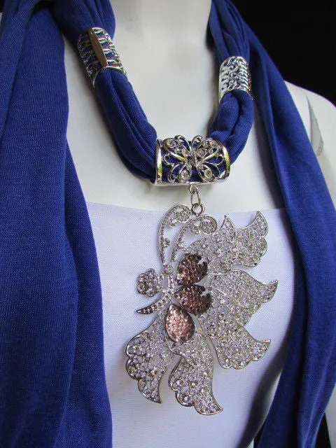 Soft Fabric Long Scarf Big Jeweled Butterfly Pendant