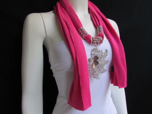 Soft Fabric Long Scarf Big Jeweled Butterfly Pendant