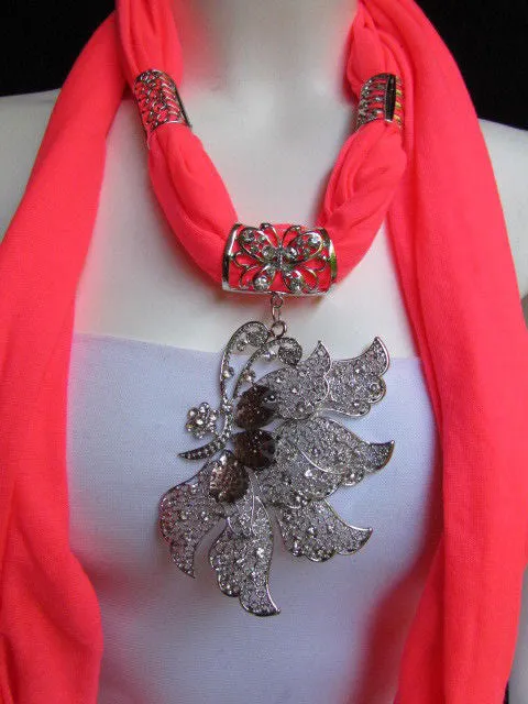 Soft Fabric Long Scarf Big Jeweled Butterfly Pendant
