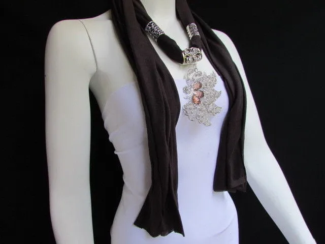 Soft Fabric Long Scarf Big Jeweled Butterfly Pendant