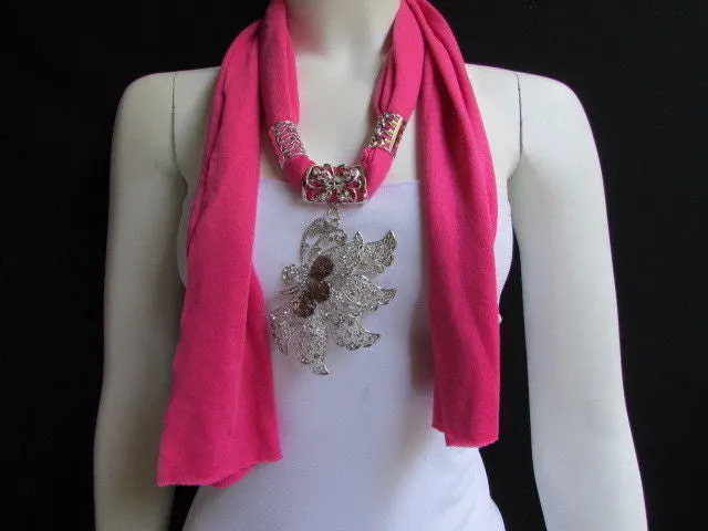 Soft Fabric Long Scarf Big Jeweled Butterfly Pendant